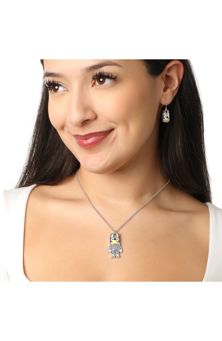BLUEY Pendant Necklace and Fish Hook Earrings Set Official License, Fashion Bluey Jewelry with Clear Crystals, Alternate, color, Blue