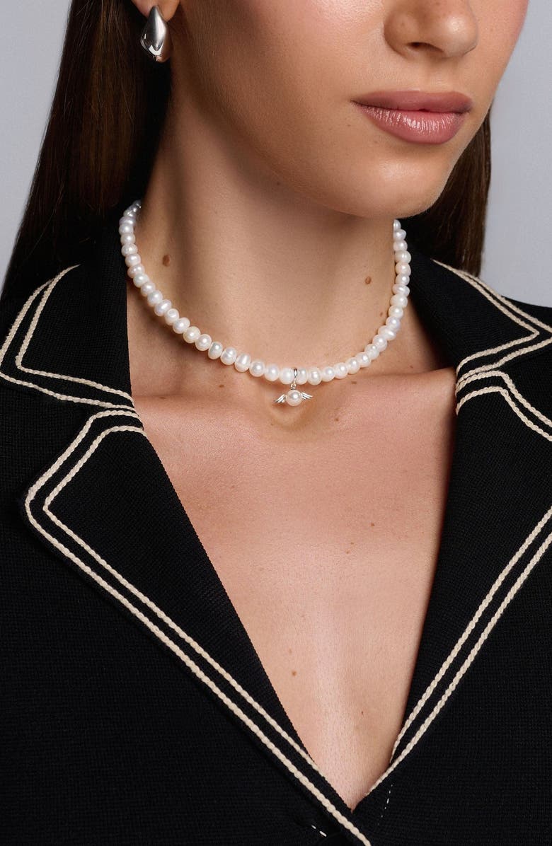 Nialaya Angel Wing Pendant Pearl Choker Necklace, Alternate, color, White