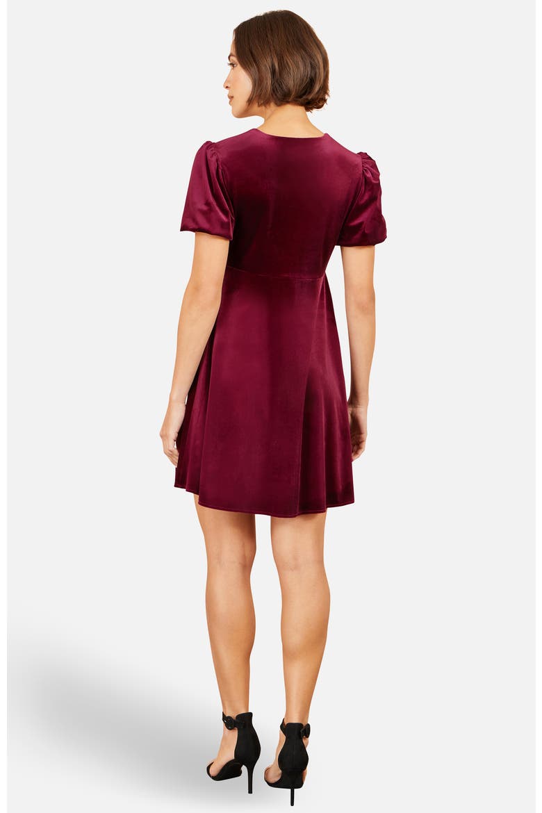 Diamante Bow Velvet Skater Dress, Alternate, color, Burgundy