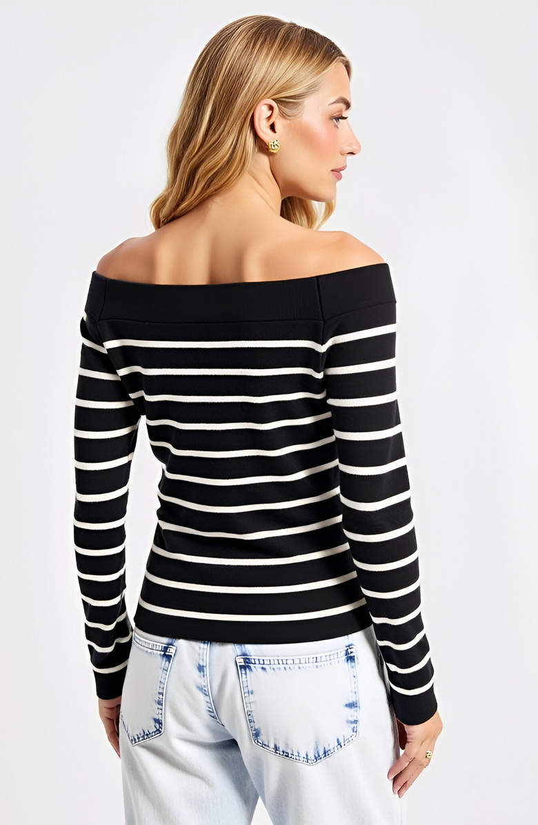 Modenaire Striped Off-the-Shoulder Knit Long-Sleeve Fitted Top, Alternate, color, Black / White Stripes
