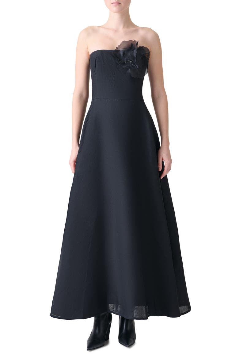 Corsage Flower Strapless Silk Maxi Dress, Main, color, BLACK