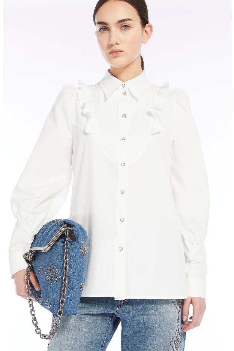 Pancia Ruffle Detail Cotton Button-Up Blouse, Alternate, color, WHITE