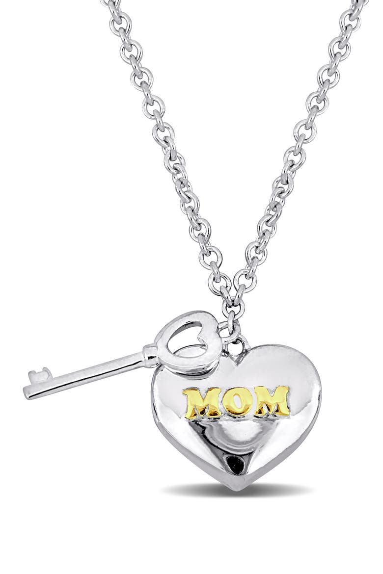 Heart & Key Charm Pendant Necklace, Main, color, SILVER