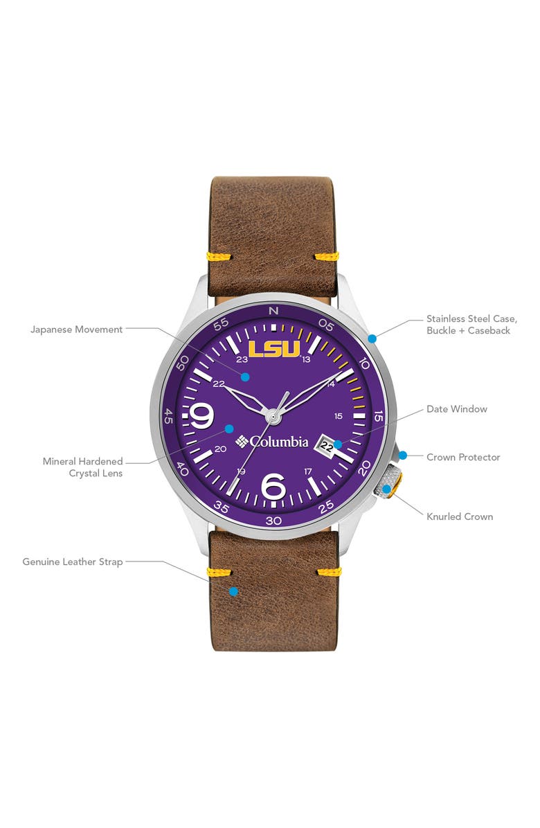 Columbia Canyon Ridge LSU Leather Strap Watch, 42mm, Alternate, color, 
