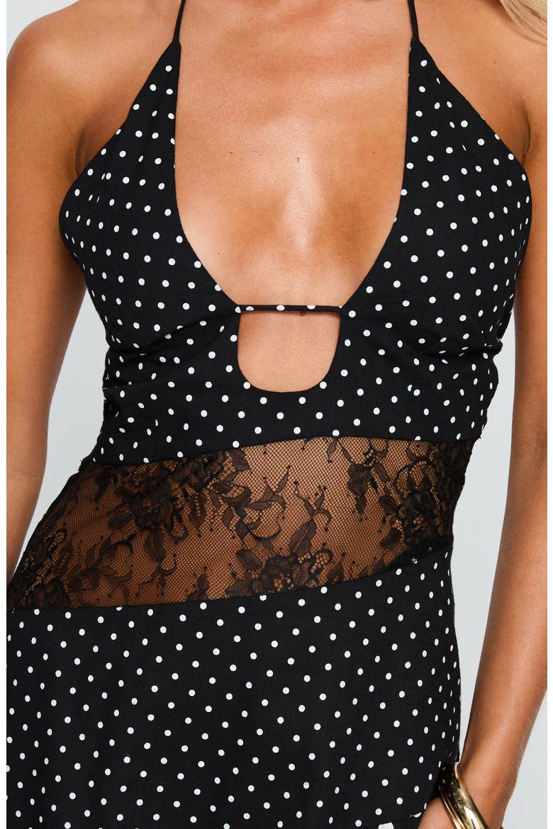 Down with Love Asymmetric Sleeveless Midi Dress, Alternate, color, BLACK / WHITE POLKA