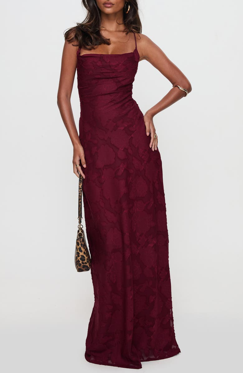 Princess Polly Celena Floral Burnout Maxi Dress, Main, color, Burgundy Burnout