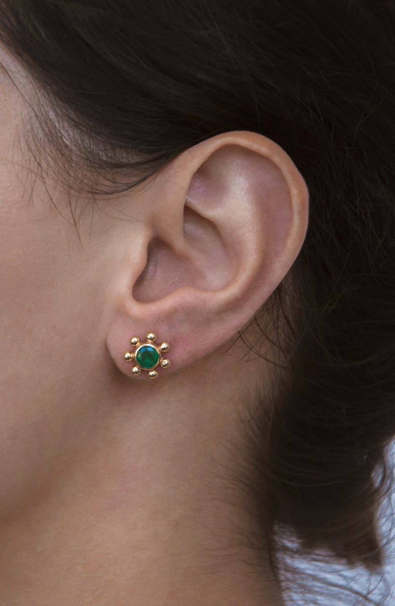 Anzie Dew Drop Marine Emerald & 14K Gold Stud Earrings, Alternate, color, Yellow Gold/ Emerald