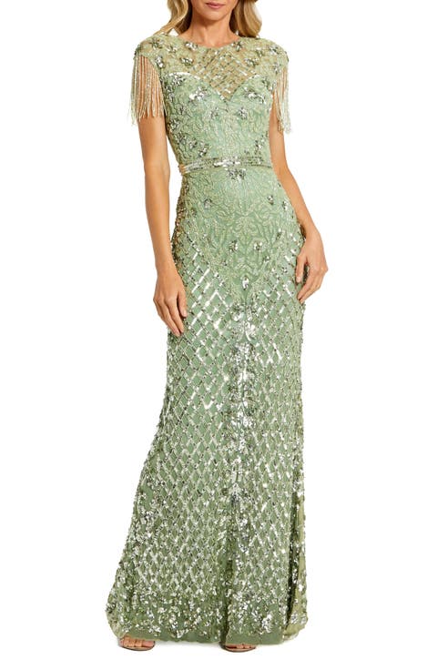 Women's High Neck Beaded Fringe Fitted Gown