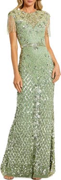 Mac Duggal Women's High Neck Beaded Fringe Fitted Gown