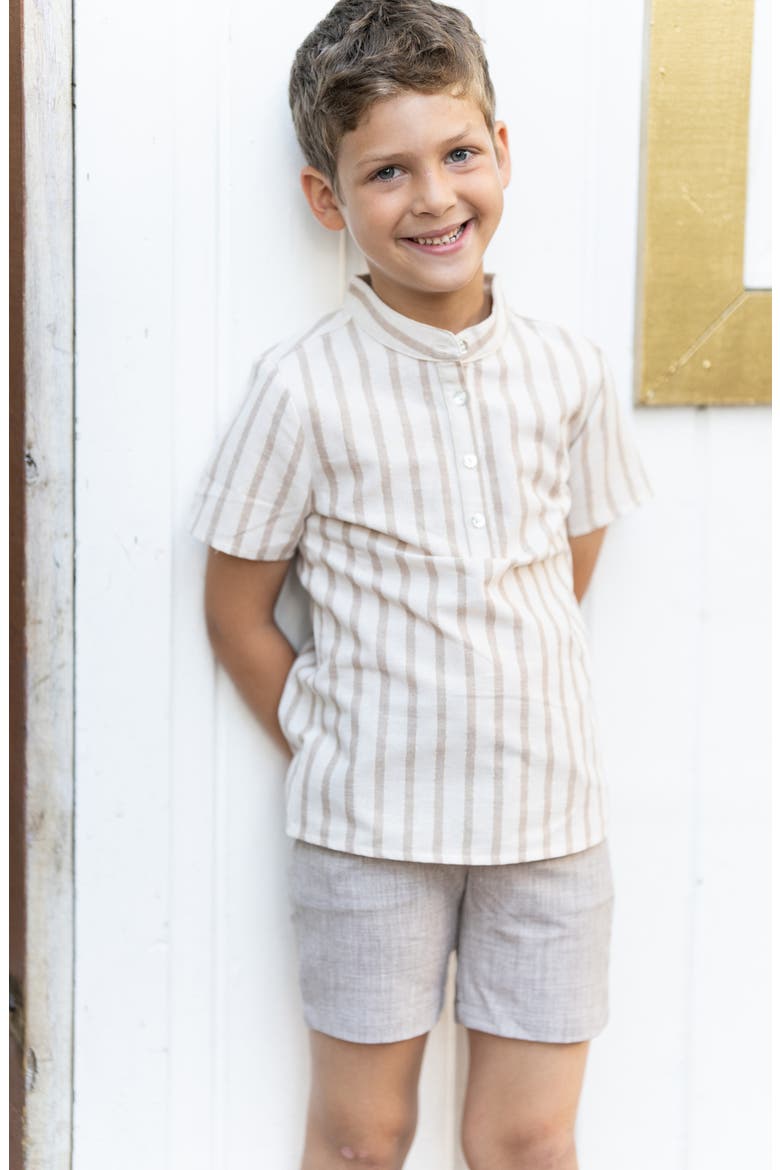 Stripe Band Collar Popover Shirt, Alternate, color, SAND