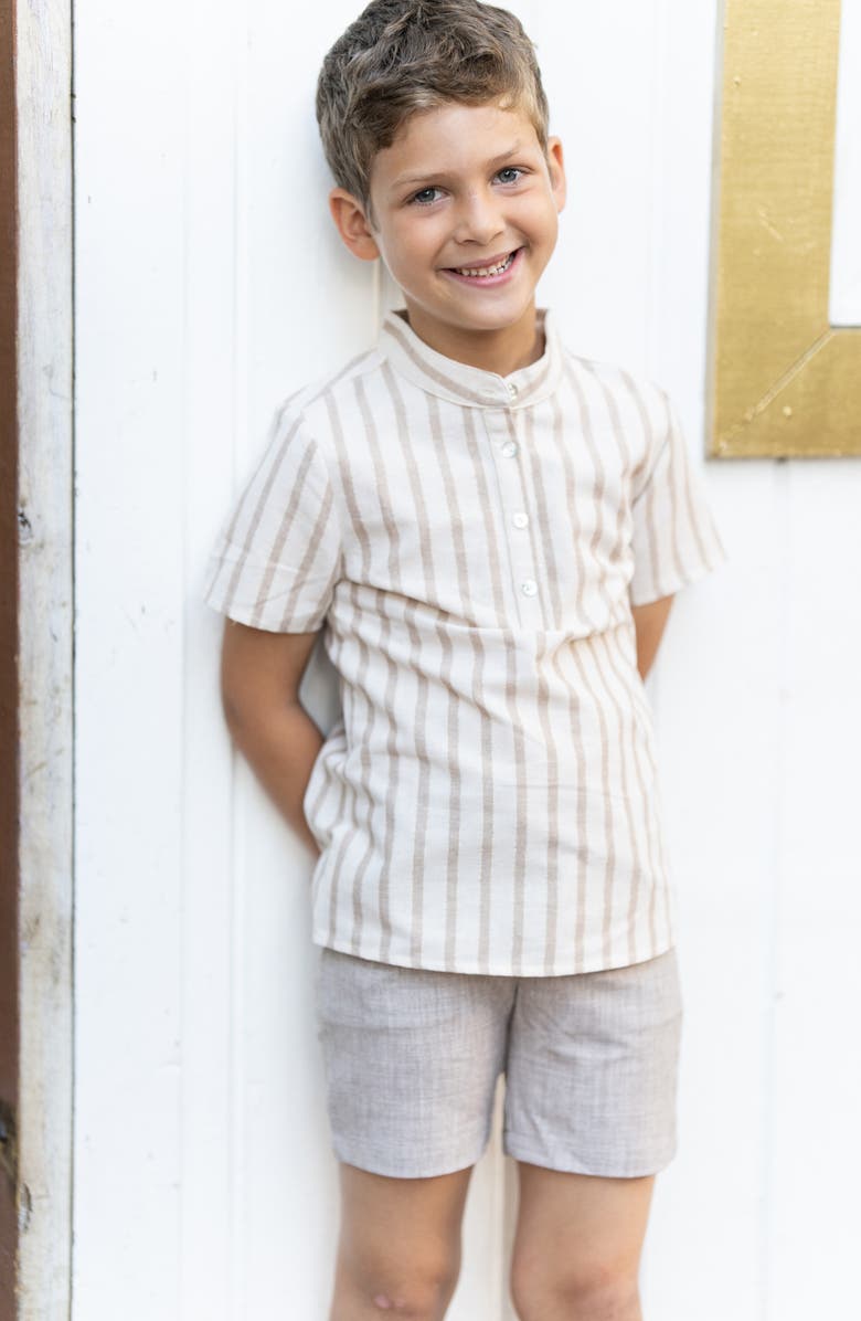 Manière Stripe Band Collar Popover Shirt, Alternate, color, Sand