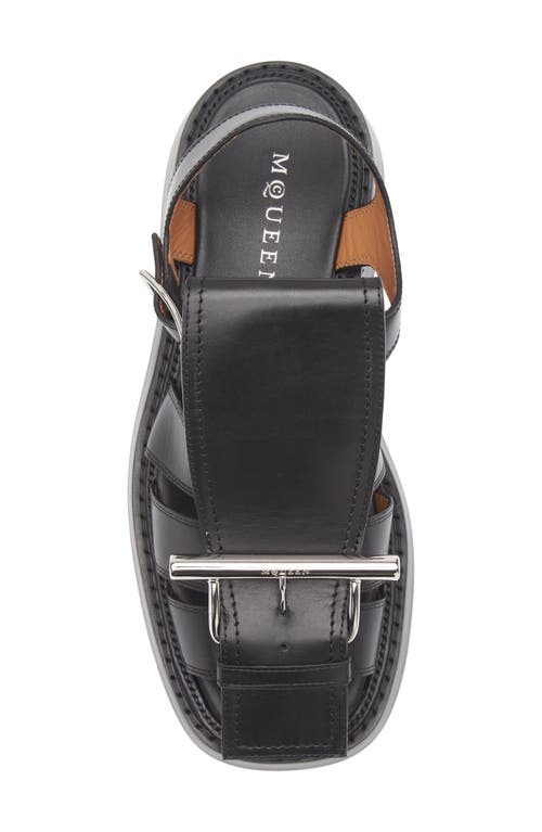Alexander Mcqueen Round Toe Leather Sandals With Buckle Detail In Black/silver