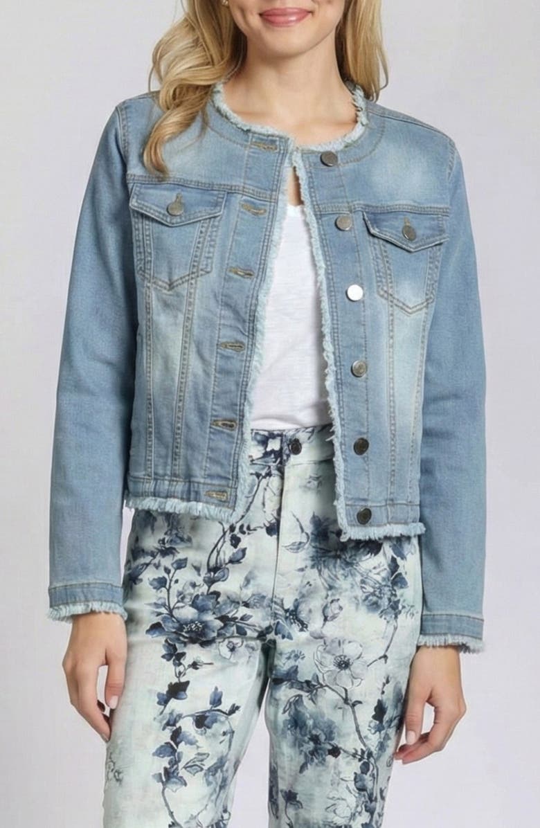 APNY Frayed Collarless Denim Jacket, Main, color, Light Indigo
