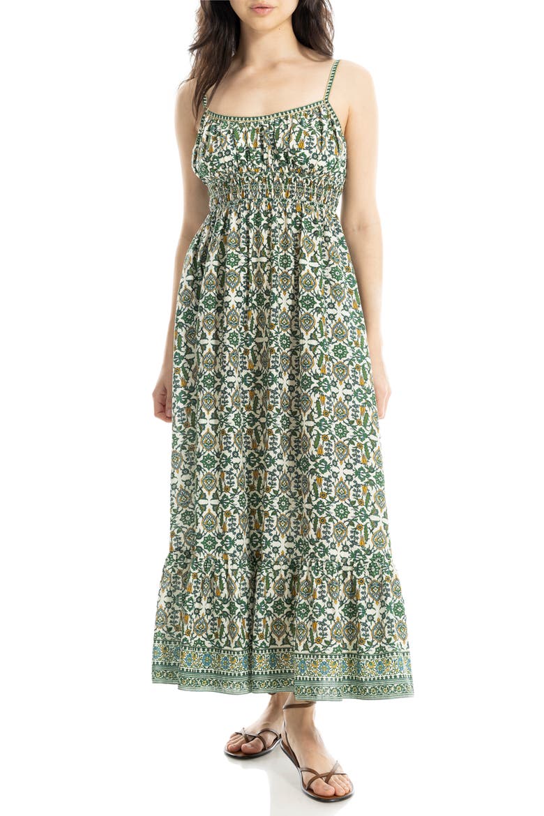Smocked Empire Waist Maxi Dress, Alternate, color, ECRU/ GREEN/ GOLD TURKISH