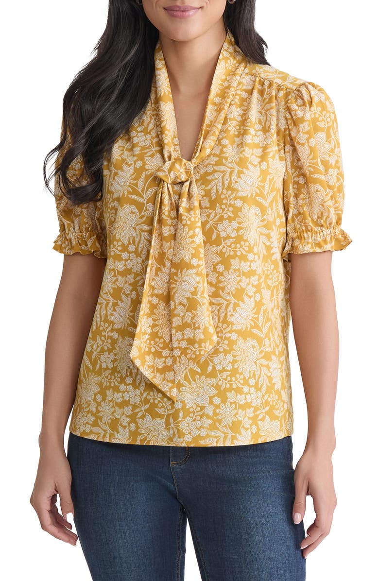 Jones New York Tie Neck Puff Sleeve Top, Main, color, Jonagold/ Jones White