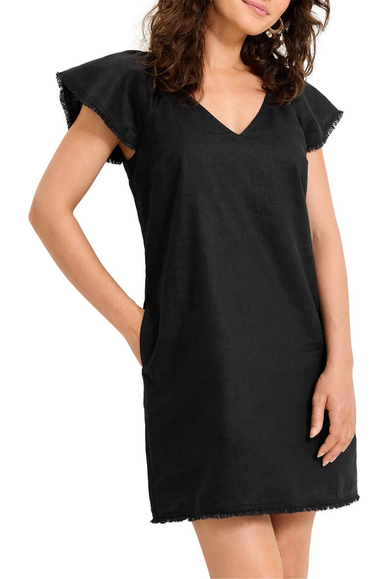 Two Palms Flutter Sleeve Linen Shift Minidress, Main, color, BLACK