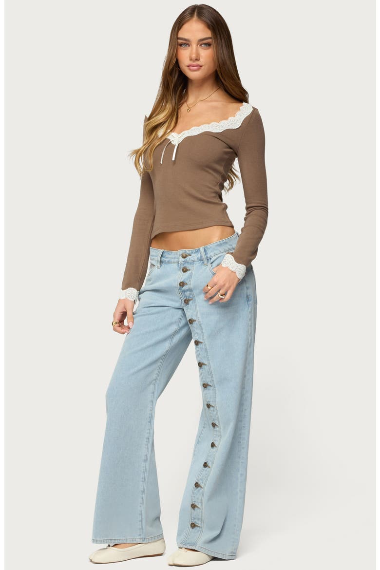 Contrast Lace Trim Long Sleeve Top, Alternate, color, BROWN
