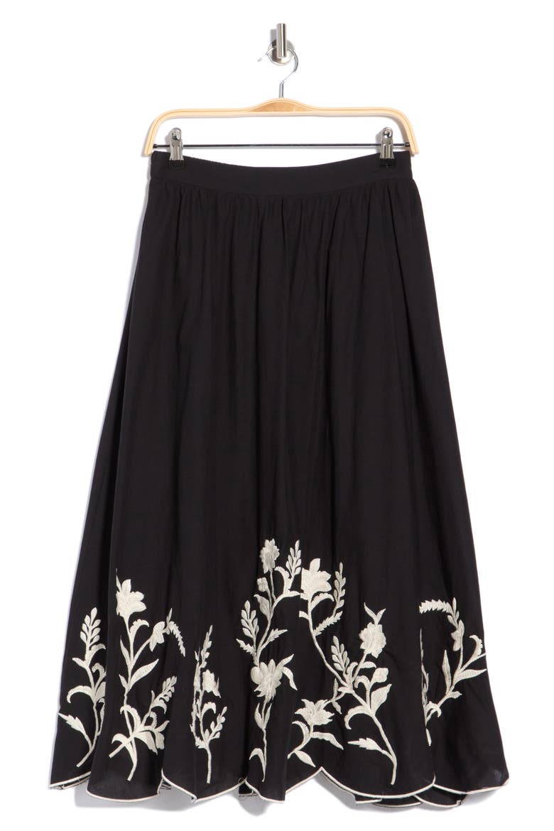 Floral Embroidered Scalloped Hem Pull-On Skirt, Alternate, color, BLACK W/ ECRU EMBROIDERY