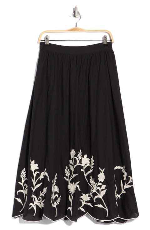 Floral Embroidered Scalloped Hem Pull-On Skirt