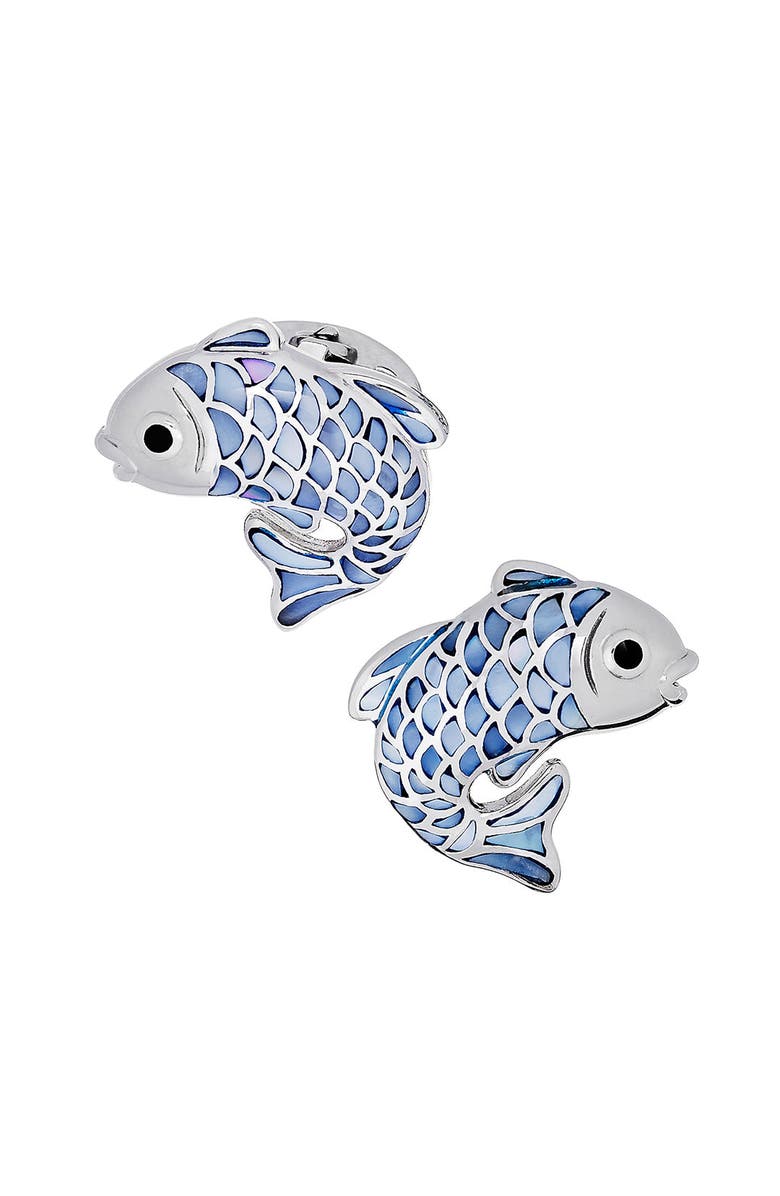 Jan Leslie Koi Fish Mother of Pearl Sterling Cufflinks, Main, color, Blue