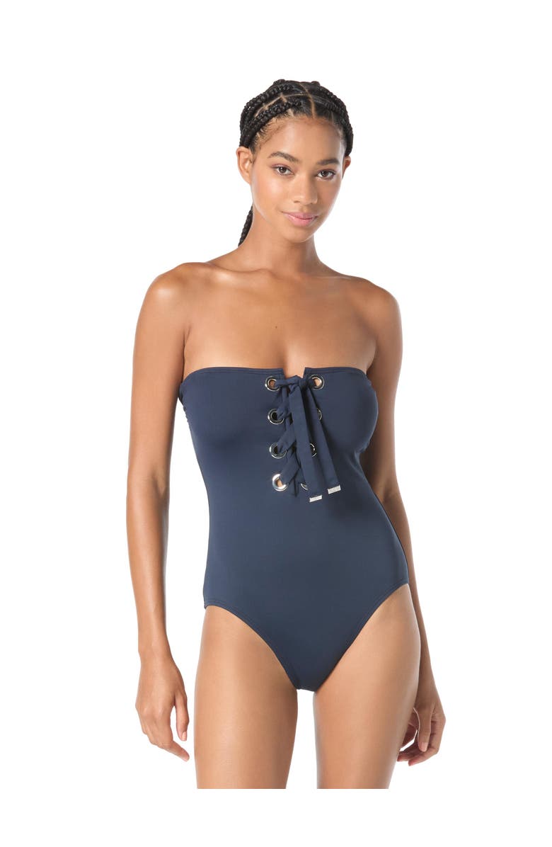 MICHAEL Michael Kors Grommet Solids Bandeau Lace Up One-Piece Swimsuit, Main, color, New Navy