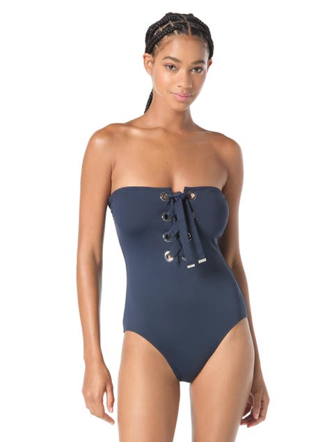 Grommet Solids Bandeau Lace Up One-Piece Swimsuit