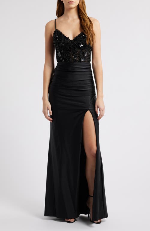 City Studio Beaded Bodice Front Slit Gown In Black