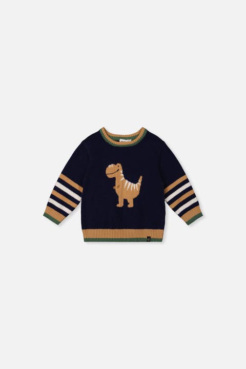 Dino Intarsia Striped Ribbed Cuffs Knit Sweater (baby)
