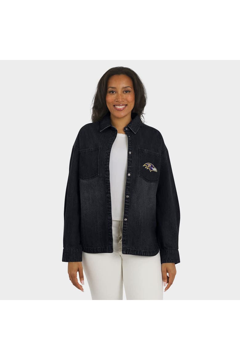 Women's WEAR by Erin Andrews Black Baltimore Ravens Washed Oversized Denim Full-Snap Shacket, Alternate, color, Black