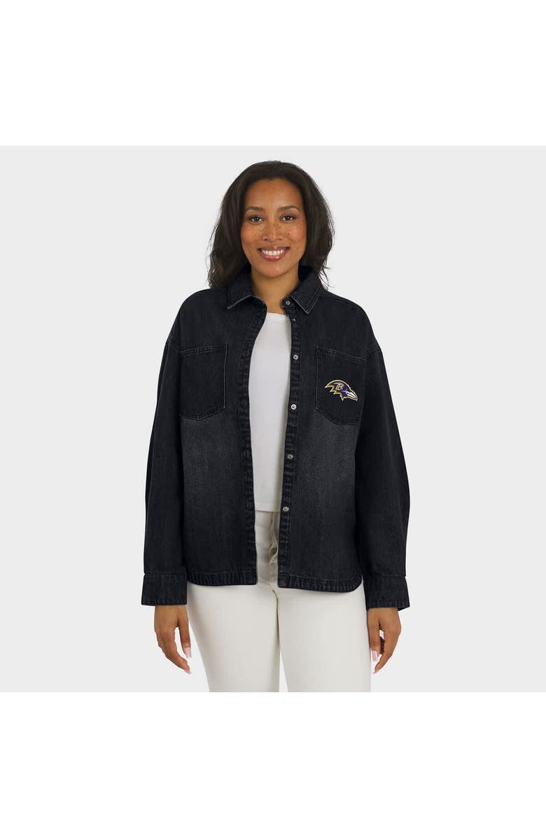 WEAR by Erin Andrews Women's WEAR by Erin Andrews Black Baltimore Ravens Washed Oversized Denim Full-Snap Shacket, Alternate, color, Black