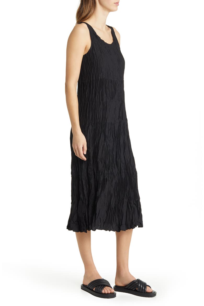 Tiered Pleated Silk Midi Dress, Alternate, color, BLACK