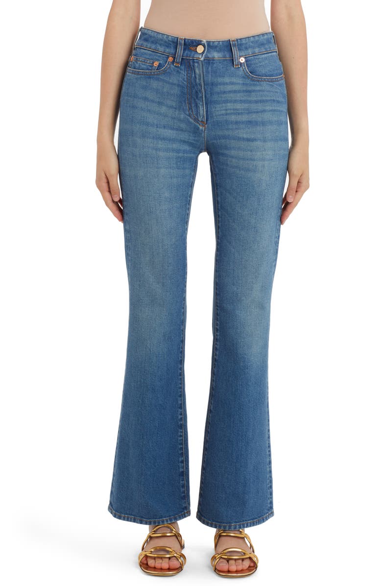 Valentino Garavani VLOGO Chain Detail Stretch Denim Bootcut Jeans, Main, color, 