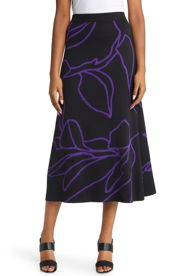 Abstract Floral Print A-Line Midi Skirt, Main, color, BLACK/ VALIENT PURPLE