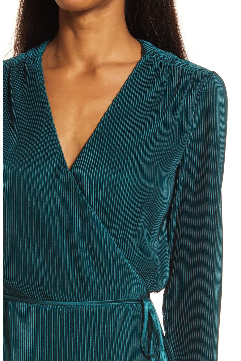 Plissè Long Sleeve Wrap Midi Dress, Alternate, color, DARK TEAL
