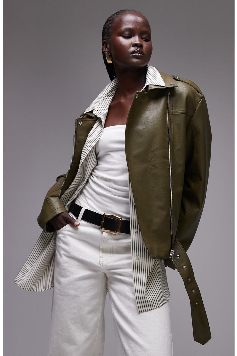Faux Leather Moto Jacket, Main, color, DARK GREEN/ DARK GREEN