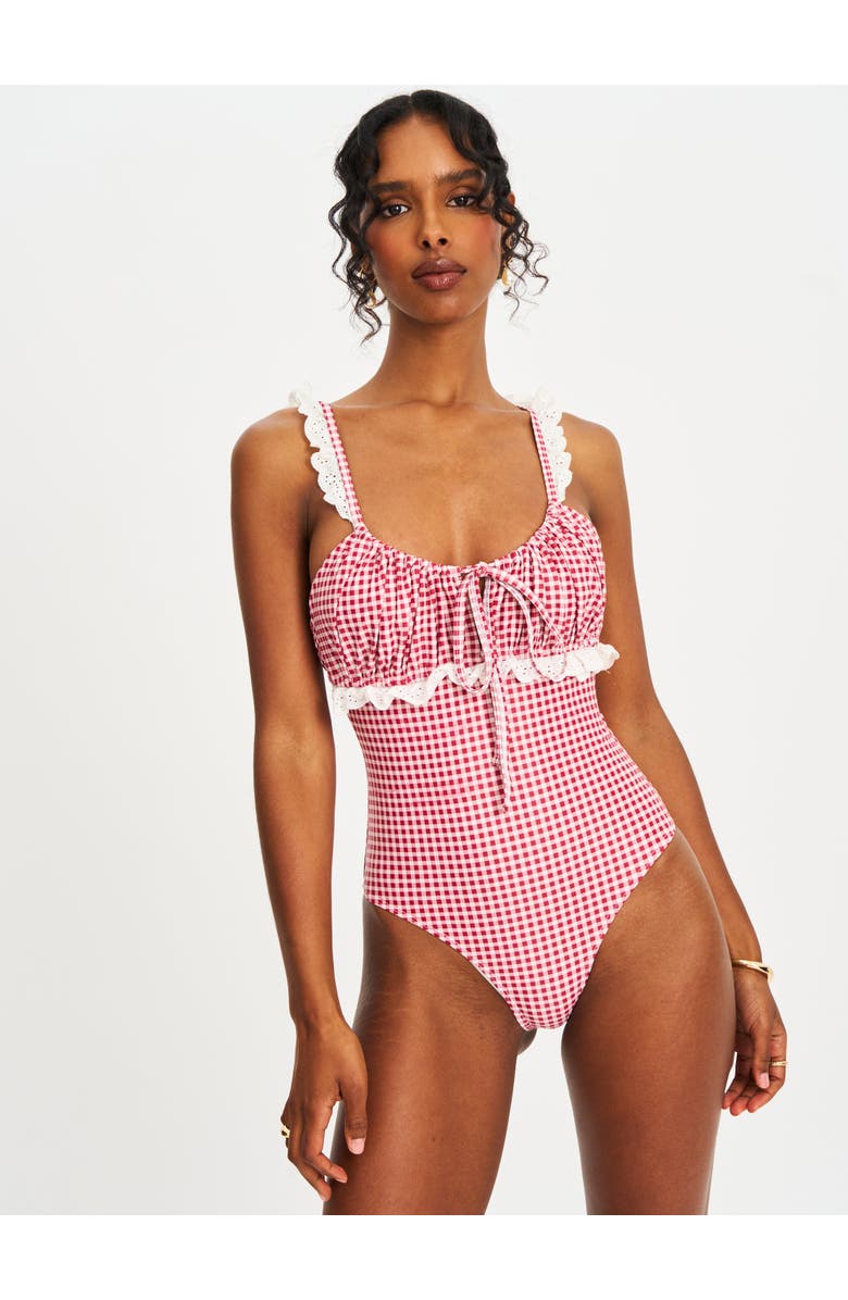Miss Circle Hallie Gingham Lace Backless Swimsuit, Alternate, color, Red