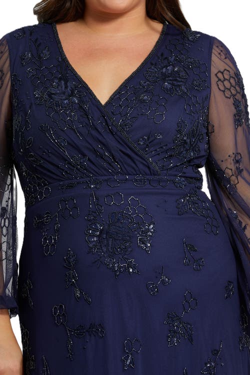 Mac Duggal Puff Sleeve V-neck Tiered Embellished Gown In Blue