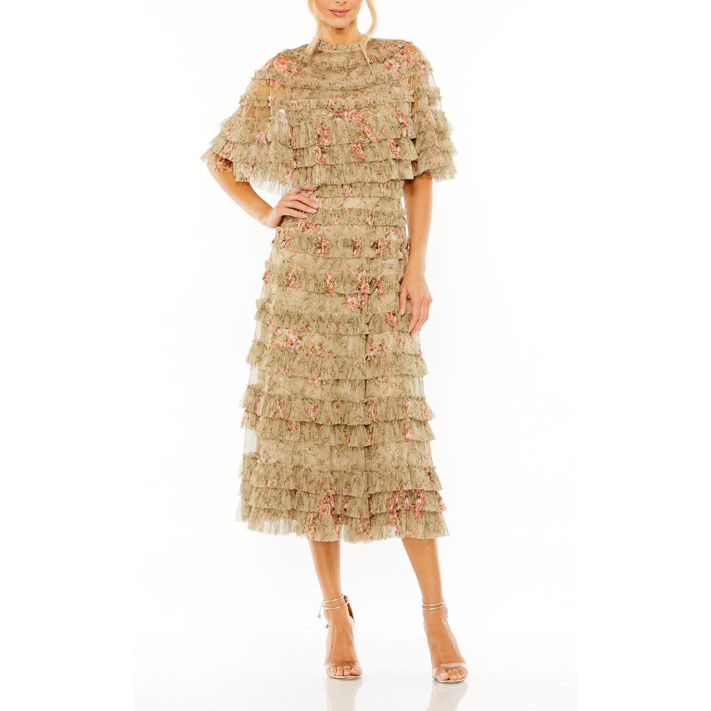 Mac Duggal Floral Mesh Ruffle Midi Dress In Brown