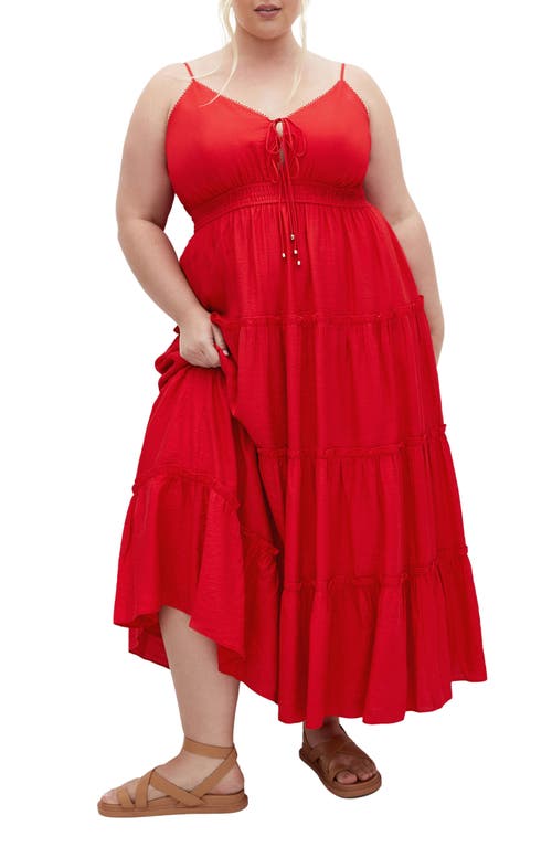 Shop City Chic Aiza Tiered Tie Front Sleeveless Maxi Dress In Cherry