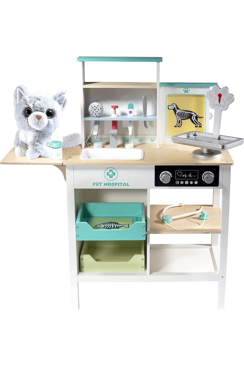 Vet Center Pretend Pet Hospital Playset- Wooden Animal Interactive Medical Checkup Set with Toy Cat, Veterinarian Medical Accessories, Alternate, color, White