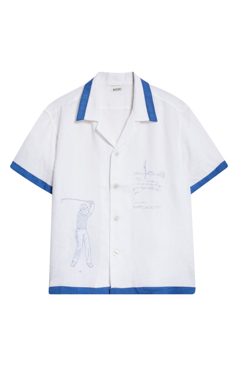 Bode Club Champion Short Sleeve Linen Camp Shirt, Alternate, color, White/ Blue