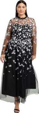 June + Vie Mesh-Overlay Maxi Dress