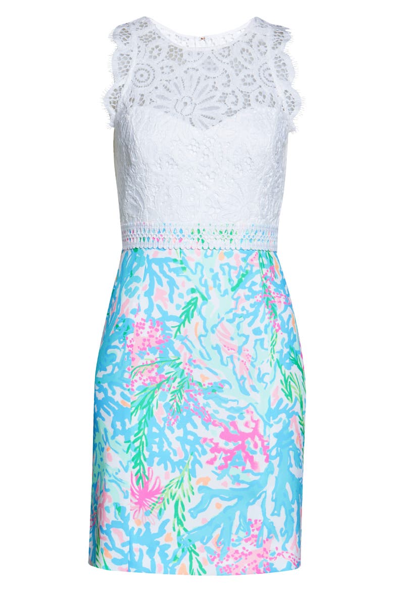 Sharice Lace Sheath Dress, Alternate, color, MULTI CORAL BAY