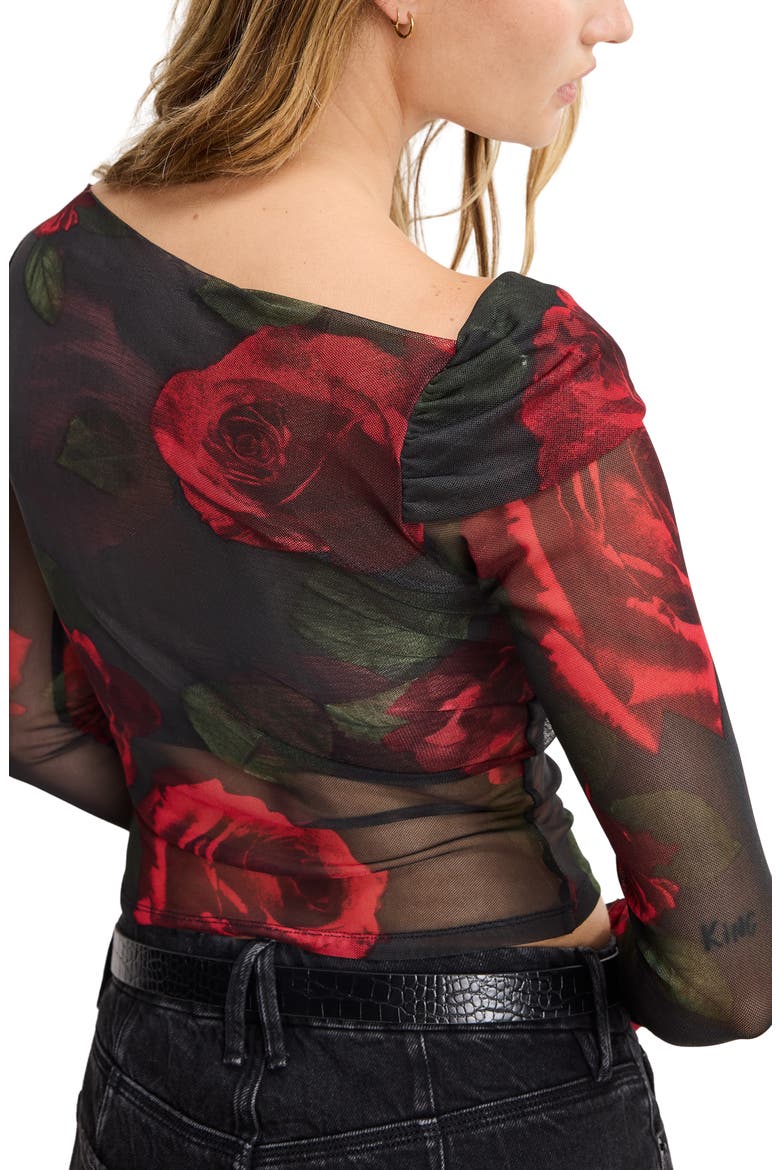 Ruched One-Shoulder Mesh Top, Alternate, color, MOODY RED ROSES001