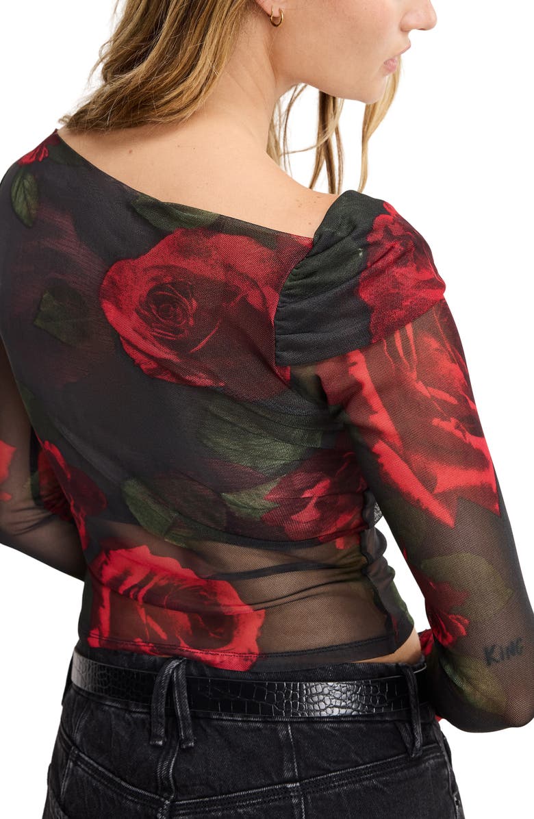 Good American Ruched One-Shoulder Mesh Top, Alternate, color, Moody Red Roses001