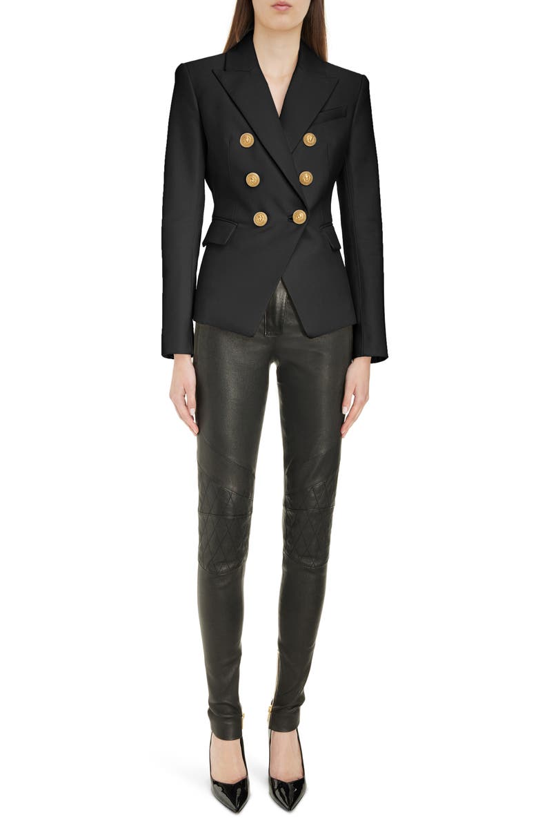 Balmain Fitted Double Breasted Leather Blazer, Alternate, color, 