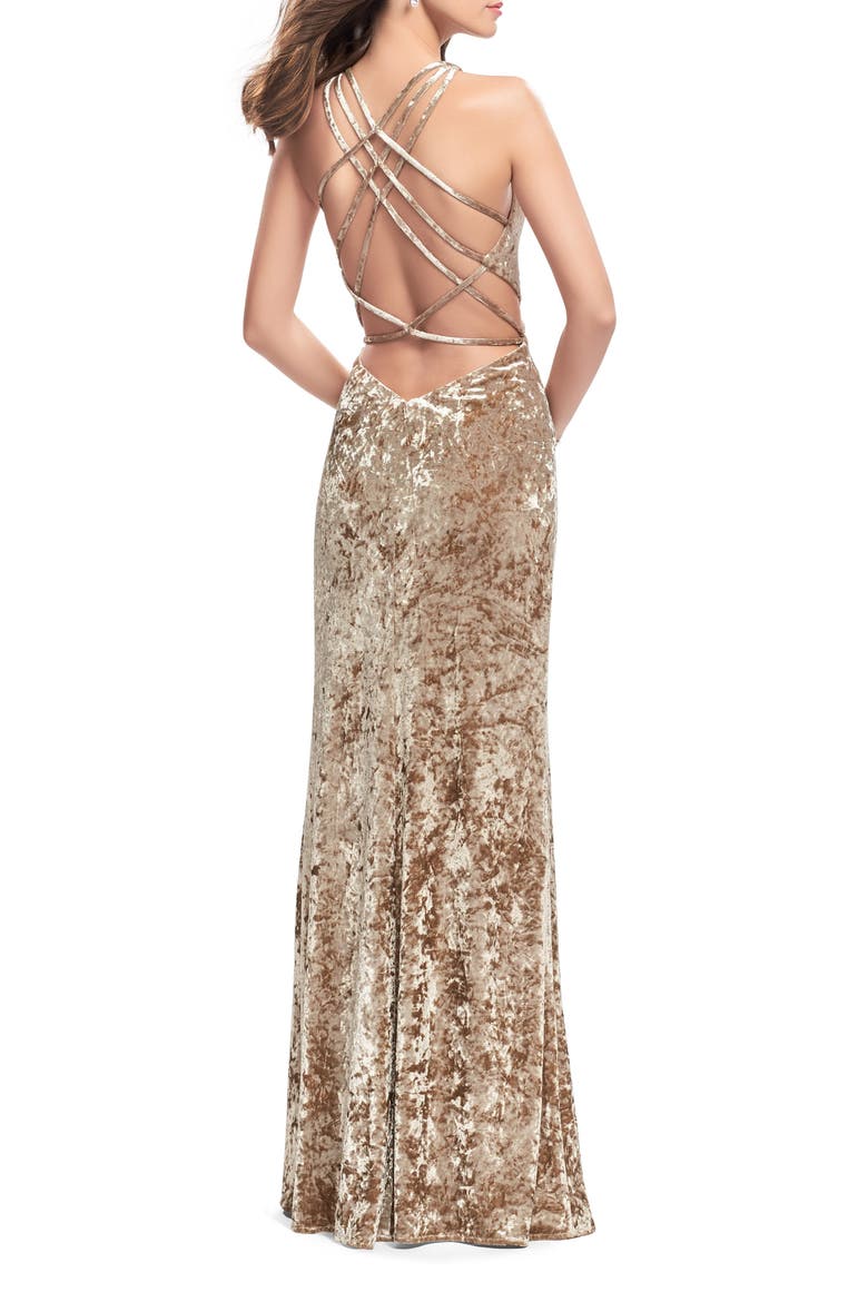 Crushed Velvet Prom Dress with High Neckline and Leg Slit, Alternate, color, Beige