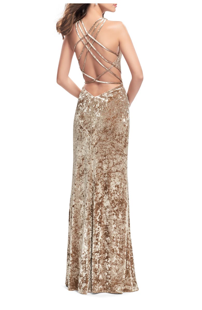 La Femme Crushed Velvet Prom Dress with High Neckline and Leg Slit, Alternate, color, Beige