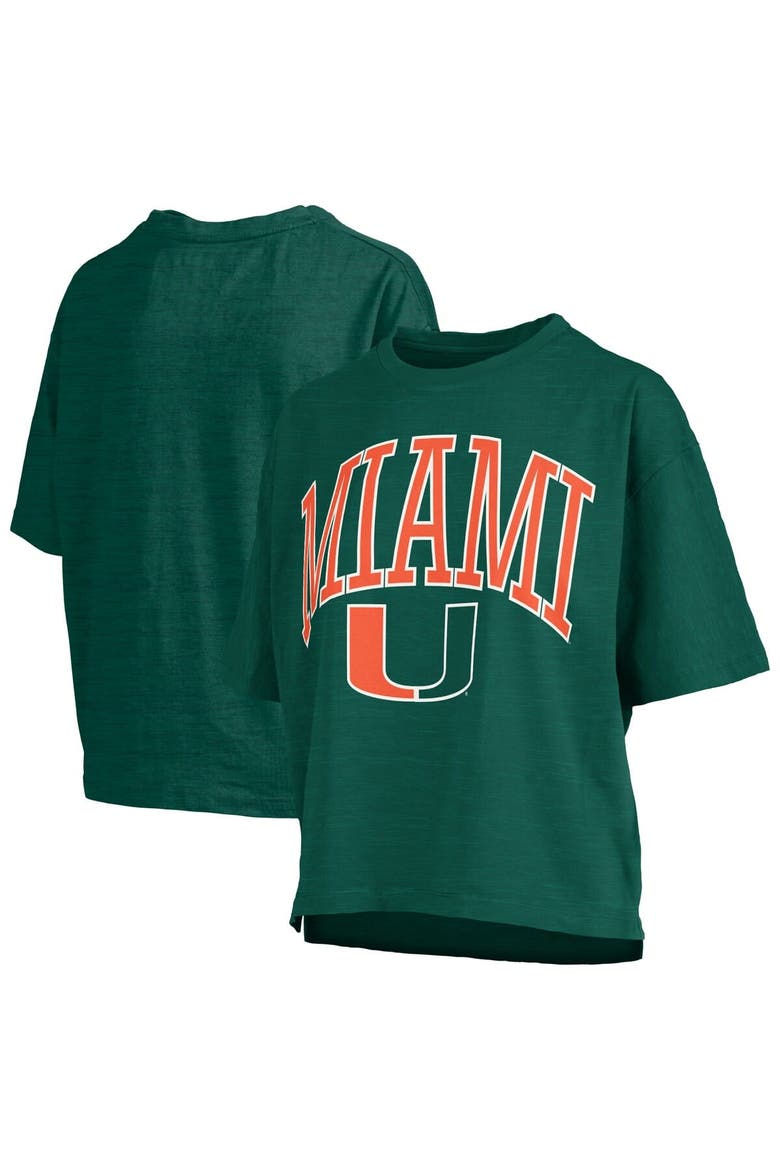 Women's Pressbox Green Miami Hurricanes Nelson Arch Over Logo Waist Length Oversized Slub T-Shirt, Main, color, Green