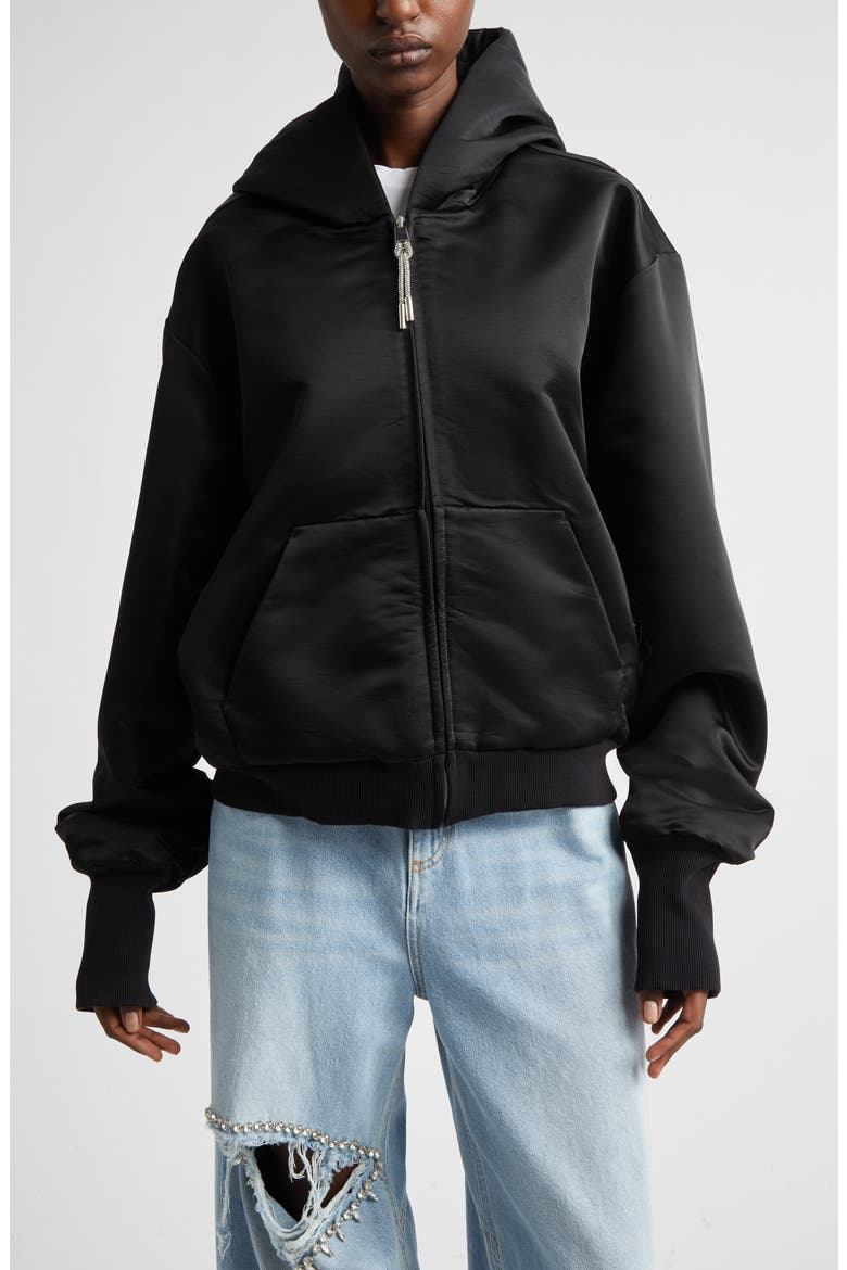 Crystal Knot Satin Full Zip Hoodie, Main, color, BLACK
